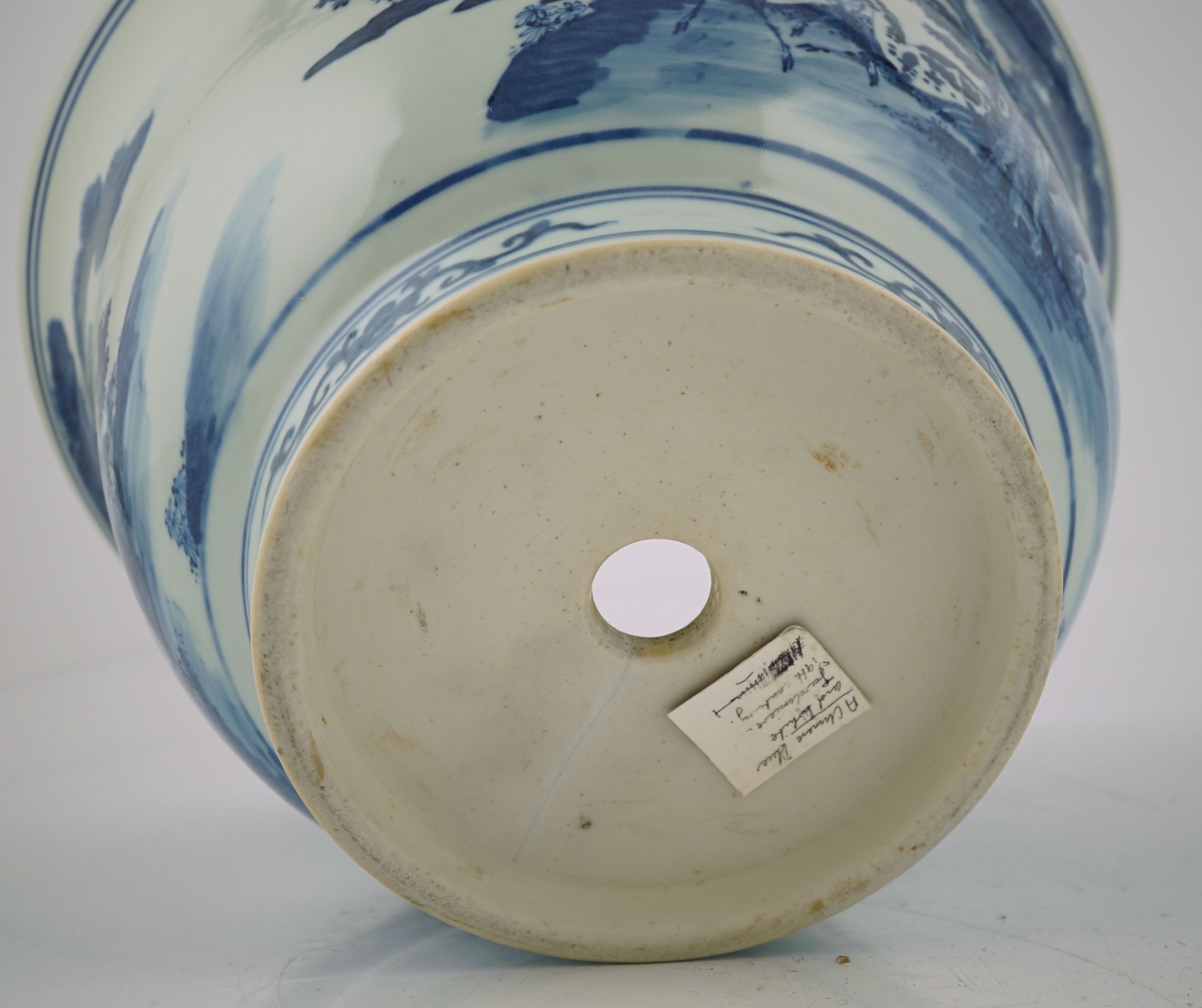 A Chinese blue and white 'deer and cranes' planter, 19th century, restoration to rim and a crack to the base